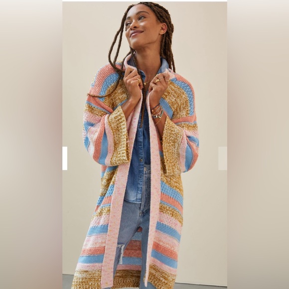 Anthropologie Textured Striped Open Front Cardigan Pink Multi One Size OS NWT - Picture 1 of 8
